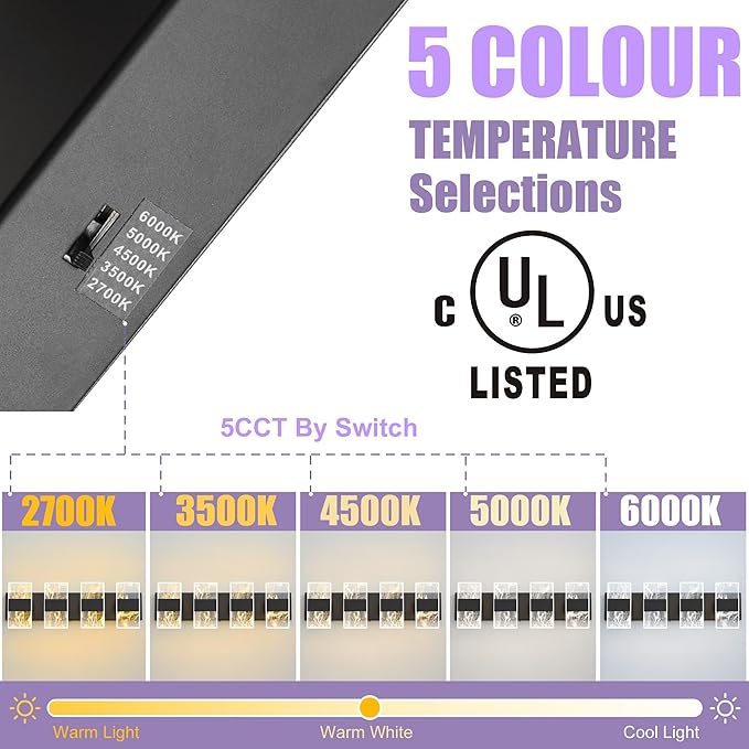 Modern LED Bathroom Light Fixtures Dimmable 4-Light Black Vanity Light, 5CCT Adjustable Lighting Fixture Vanity Lights Over Mirror, Smoked Acrylic LED Vanity Lights for Bathroom