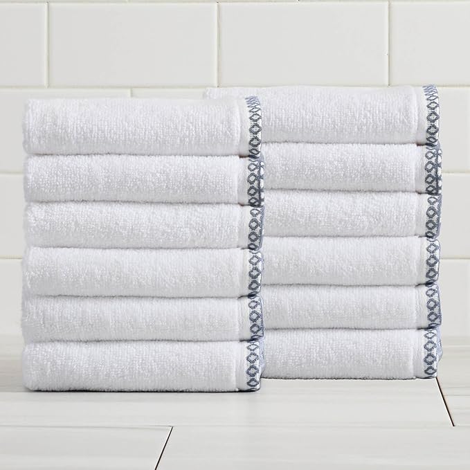 Great Bay Home Blue/White Washcloth Set - Ultra-Soft Cotton, Boho-Chic Border Design - 12 Washcloths (13" x 13") - Absorbent, Quick-Dry, Lightweight Bathroom Towels