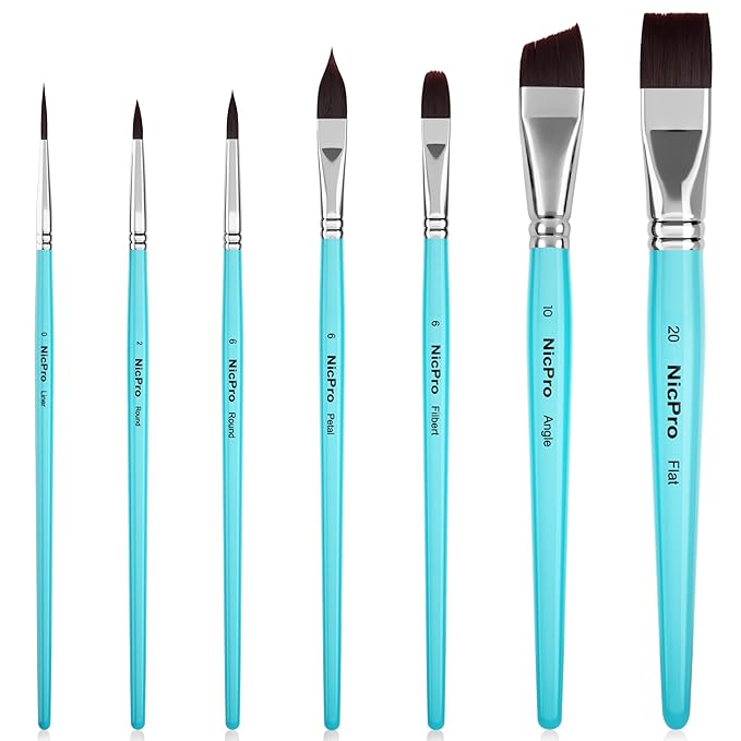 Nicpro Face Paint Brush Set, 7PCS Face & Body Painting Brushes with Aqua Blue Handles, Synthetic Nylon Hair Makeup Paintbrush Kit for Kids, Halloween, Cosplay, School Events & Summer Camp