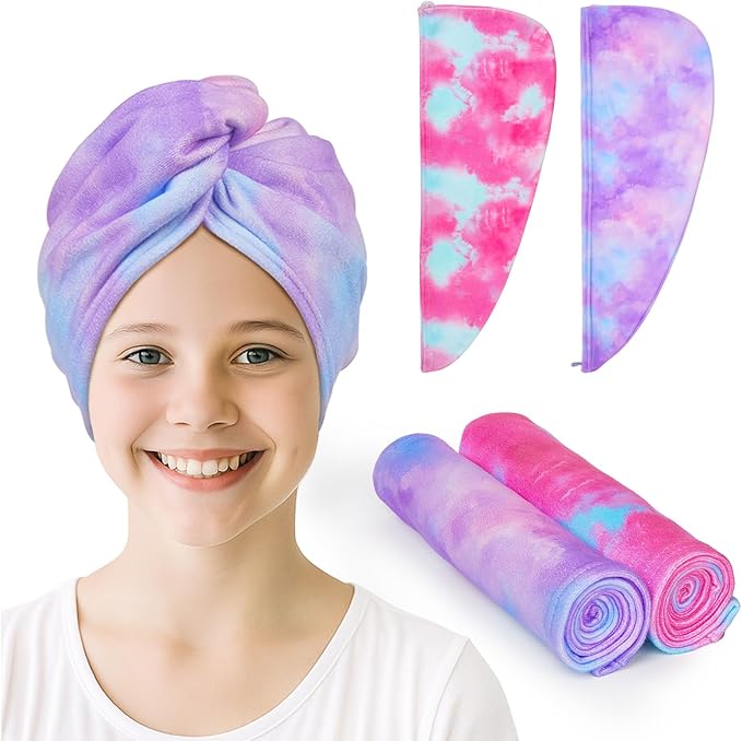 Unicorn Castle Microfiber Hair Towel for Kids 2Pack Hair Wrap Towels Absorbent Hair Drying Towel Wrap Hair Turbans for Curly Thick Hair,Pink Purple