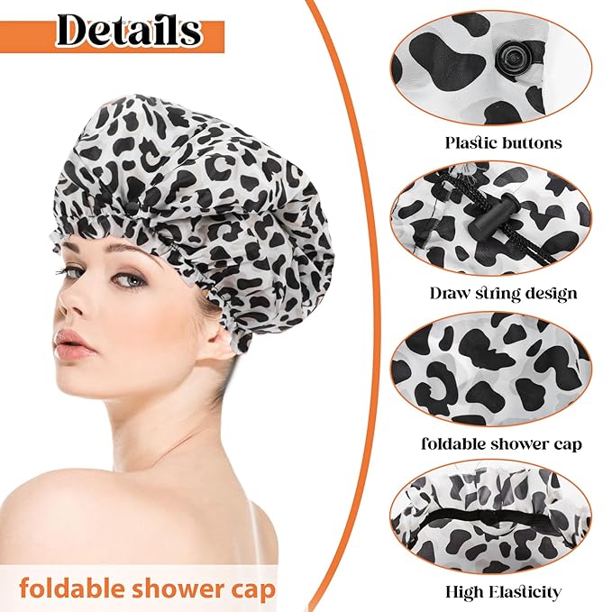 2 Pcs Large Shower Cap for Braids, Extra Long Shower Cap for Women Long Hair & Locs, Waterproof Hair Bonnets for Dreadlocks Drawstring Bath Caps for Women & Men (Black, Cow Print)