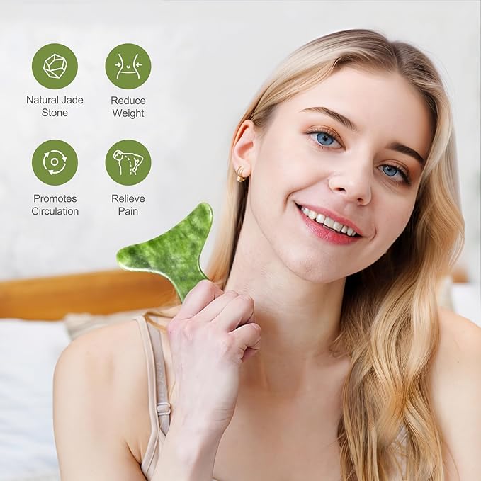 Jade Stone Gua Sha Massage Tool Set Larger Guasha Board with Handle Muscle Scraping Massage Tools Facial Anti Cellulite Spa Acupuncture Tools for Back Neck Face Leg Massage, Lymphatic Drainage