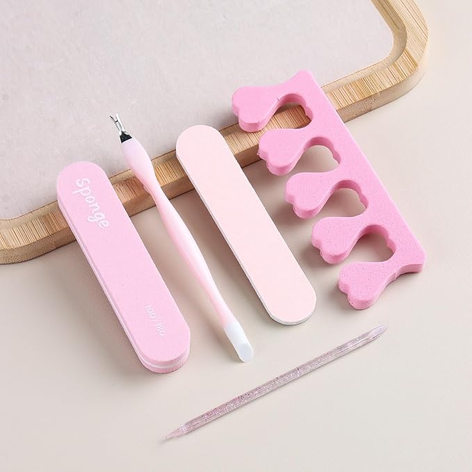 SUTOKAKA 5 Sets Manicure Prep Kit for Travel Home, Portable Basics 5 in 1 Nail Salon Pedicure Tools, Sponge Toe Finger Separators, Cuticle Trimmer Pusher, Nail File & Plastic Stick