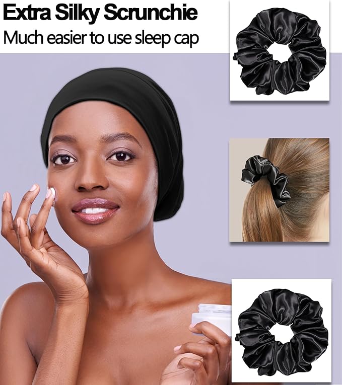 Sleep Cap Bonnet for Sleeping Black Women, Adjustable Cooling Ice Silk Lined Bonnet for Curly Braids Hair Cover Beanie Hat