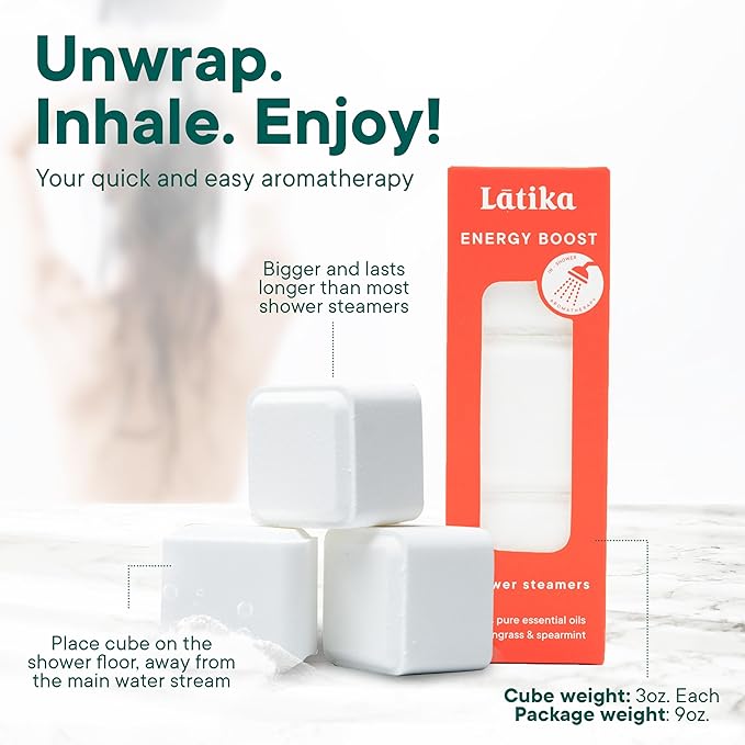 Latika Shower Steamer - Aromatherapy Cubes with Lemongrass & Spearmint Essential Oils for Stress & Anxiety Relief, Uplifting Energy - Long-Lasting Scent Steamers for Women and Men