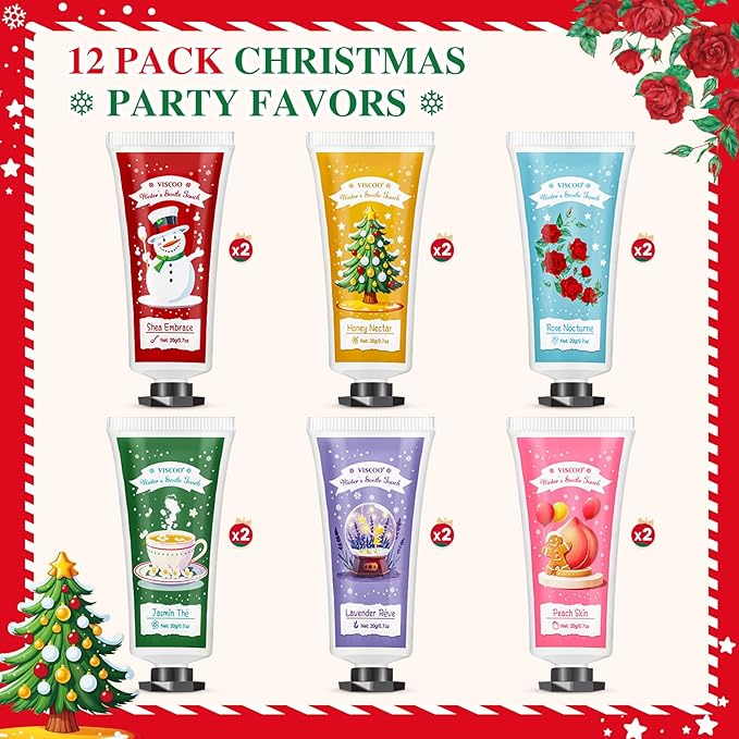 VISCOO 12 Pack Christmas Hand Cream Gift Set for Women, Mini Hand Lotion for Dry Cracked Hands Travel Size,Christmas Gifts in Bulk for Party Favors,Stocking Stuffers for Women Teen Girls Holiday Gifts