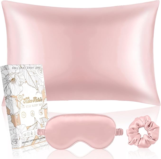 Miss Adola 1Pack Mulberry Silk Pillow Case for Hair and Skin Standard 26"x20" Silk Pillowcase with Eye Mask & Scrunchie Soft Silk Pillowcase Sleeping for Women, Wife, Female - Blush Pk