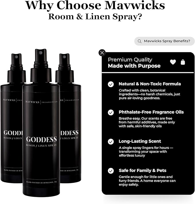 Mavwicks Fragrances - (Goddess) Linen & Room Spray (8oz) – Bedroom & Home Fragrance Mist, Long-Lasting Freshness To Brighten Up Your Space, Fabric & Air Freshener, Aromatherapy Scent Spray
