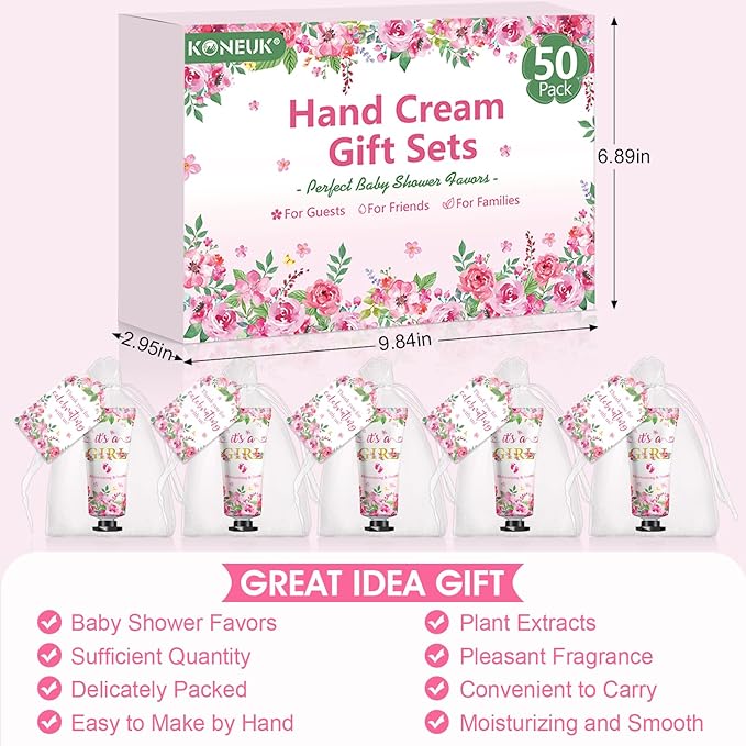 KONEUK 50 Pack Bulk Hand Cream Sets, Bridal Shower Favors, Appreciation Gifts and Baby Shower Favors for Guests with Thank You Card and Organza Gift Bags, Wedding Party Favors (Baby Girls)