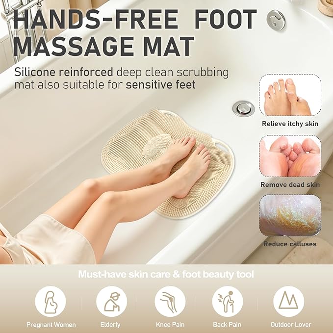 XL Shower Foot Scrubber Mat, Silicone Feet Massage Scrubber in Shower Clean Foot Toes Pad without Bending Non-slip Suction Cups Blood Circulation Exfoliate Smooth Achy Relief 17.4*13.4" Beige