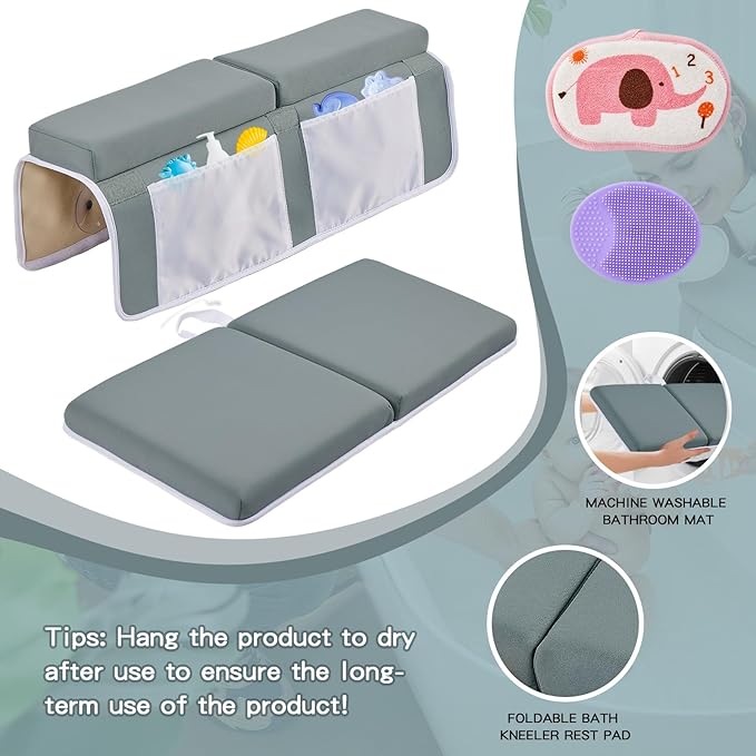 Baby Bath Kneeler and Elbow Rest Pad Set,Bath Kneeling Pad Thick Soft Quick Dry Bathtub Mat for Bathing Time,Baby Essentials Memory Foam with Toys Organizer Gifts for Parents,Dark Grey