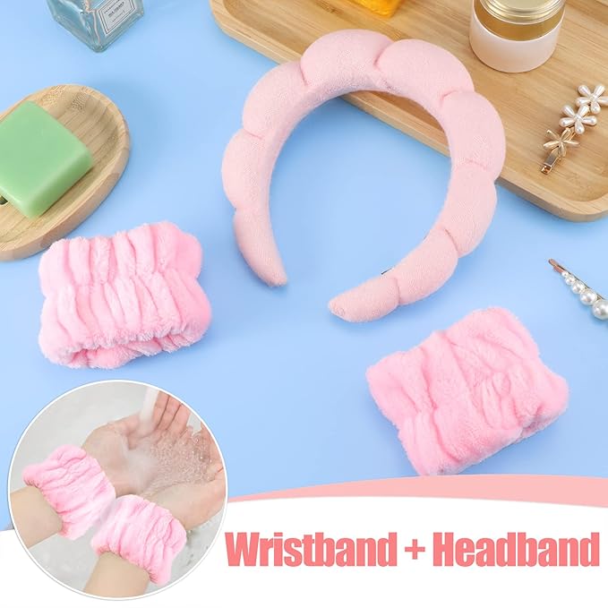 WSICSE Sponge Pink Spa Headband for Washing Face, Skincare Headbands Puffy Padded Keep Hair Dry Get Ready Hairband Spa Gifts for Mom