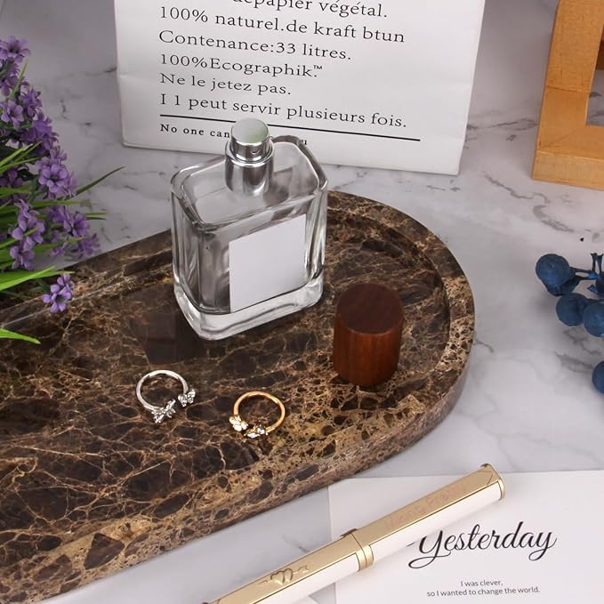Natural Marble Tray Oval, Bathroom Vanity Tray for Countertop, Elegant Stone Decorative Organizer for Perfume, Jewelry, Home Decor (1, Dark Brown, 10 x 5 x 0.6)
