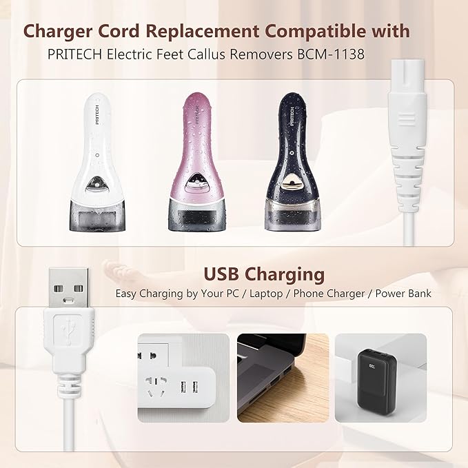 2 Pack Replacement Charger Cable for Electric Callus Remover for Feet, Compatible with Pritech Callus Remover BCM-1138 Electric Foot Callus Remover, Adapter USB Cable for Electric Feet Callus Remover