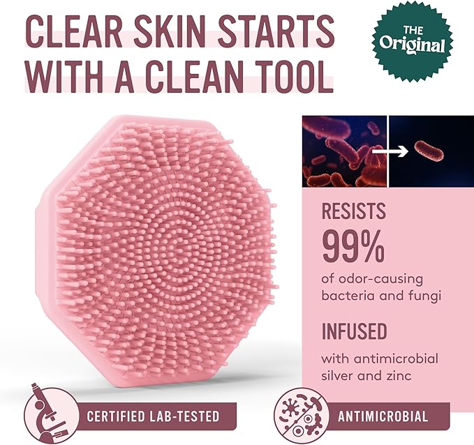 Sud Scrub® Antimicrobial Silicone Face Scrubber, 1 Pack, Gentle Face Exfoliator for Sensitive Skin, Eco Friendly Facial Cleansing Brush, Exfoliating Face Brush for Men and Women (Pink)