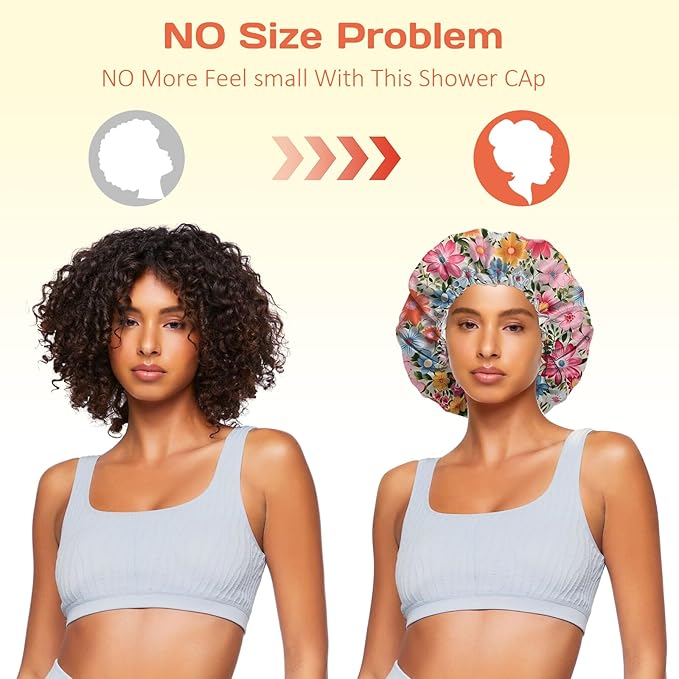Shower Cap Reusable Double Layer Adjustable Elastic Waterproof EVA Hair Bath Caps for Women Girls Cute Aesthetic-Flowers