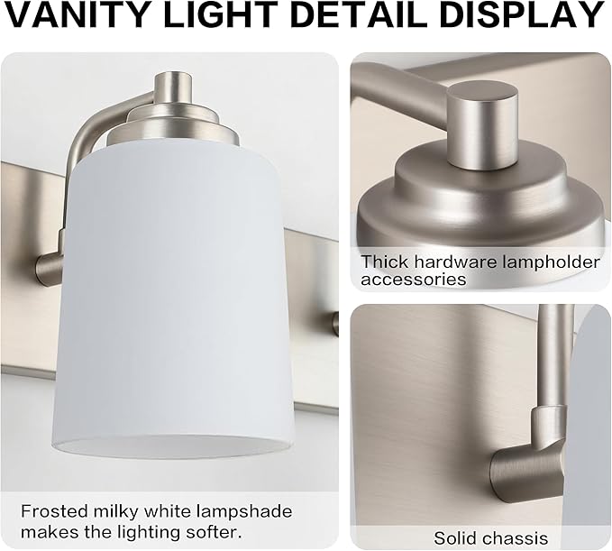 SOLFART Brushed Nickel 2 Light Vanity Lights for Bathroom, Milky Glass Shade Vintage Wall Sconce, Modern Bathroom Light Fixture Over Mirror, Easy to Install High-End Vanity Light (Bulbs Not Included)