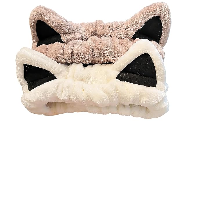 2 Pcs Cat Ears Headband Cute Spa Headband Set Washing Face Makeup Skincare Animal Headbands for Women Trendy Stuff Present Soft Coral Fleece Accessories for Women (1Beige+1Khaki)