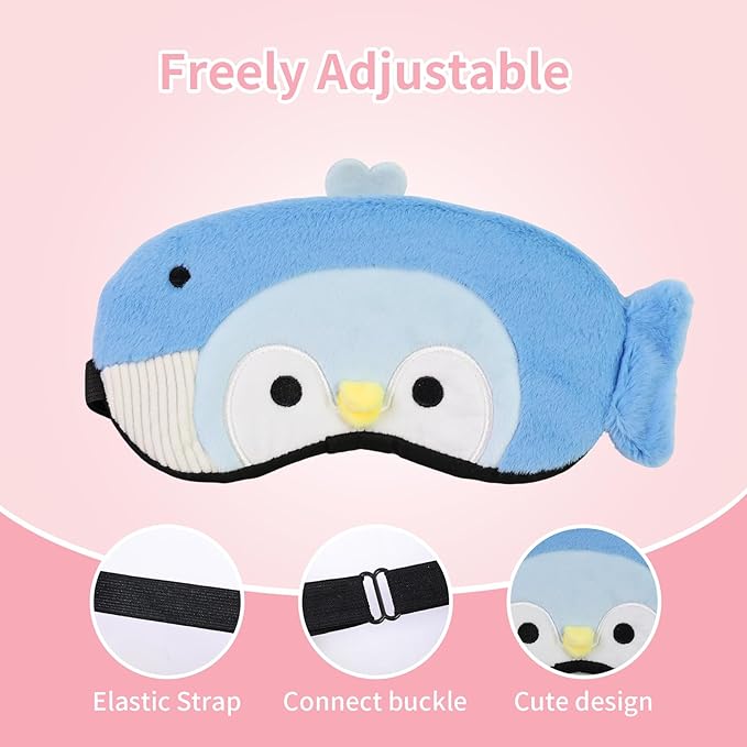 PERFECTSIGHT Sleep Eye Masks, Cute Plush Sleep Eye Cover Lightweight Adjustable Eyeshade Faux Fur Mask Cover for Women Men Kids Sleep Travel Nap, Blue Penguin