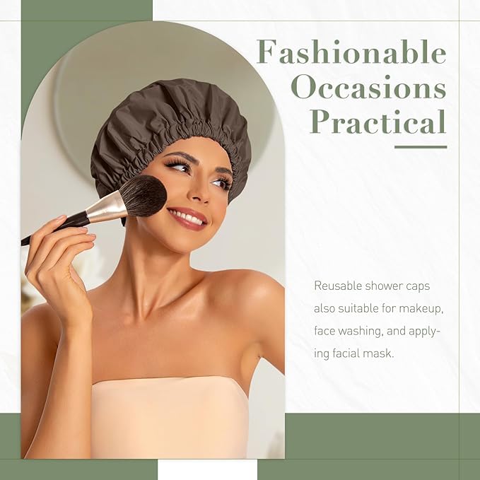 Reusable Shower Cap for Women, Large Waterproof Shower Bonnet with Elastic Band, Washable Bath Hair Cap for Long, Curly Hair, Braids, Daily Shower, Home Spa, Travel(Dark Coffee)