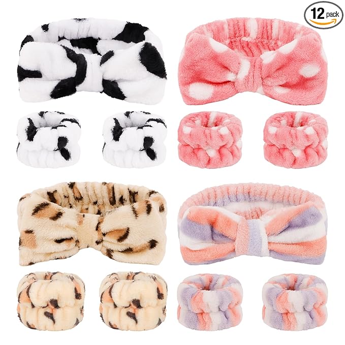 CIEHER 12 PCS Makeup Headband for Women Wrist Washband Scrunchies Cuffs for Washing Face, Soft Bow Hair Band Matching Wristbands, Cow, Leopard, Streaks, Polka dots