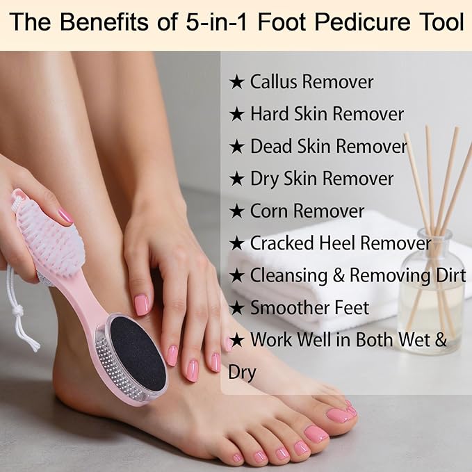 Foot Scrubber Brush with Pumice Stone for Feet 5-in-1, 2Pcs Foot File Callus Remover, Stainless Steel Feet Scraper, Cleaning Brush & Sand Paper Debris Catcher, Multi Purpose Home Foot Care, Pink White
