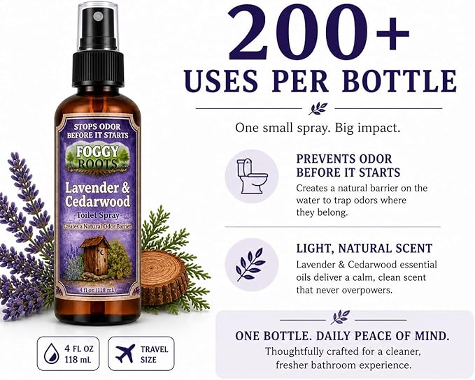 Lavender & Cedarwood Toilet Spray — Stops Odor Before It Starts, Pre-Poop Bathroom Spray, Natural Odor Barrier, 4 oz (200+ Uses), Travel Size
