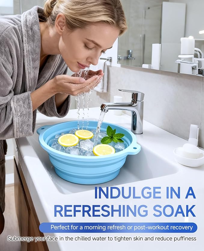 Face Ice Bath Bowl with Built-in Ice Tray, Foldable Silicone Face Bowl for Ice, Reusable Ice Facial Bowl for Puffiness Reduction, Skin Tightening, Acne Relief, Portable Spa Tool for Home, Travel