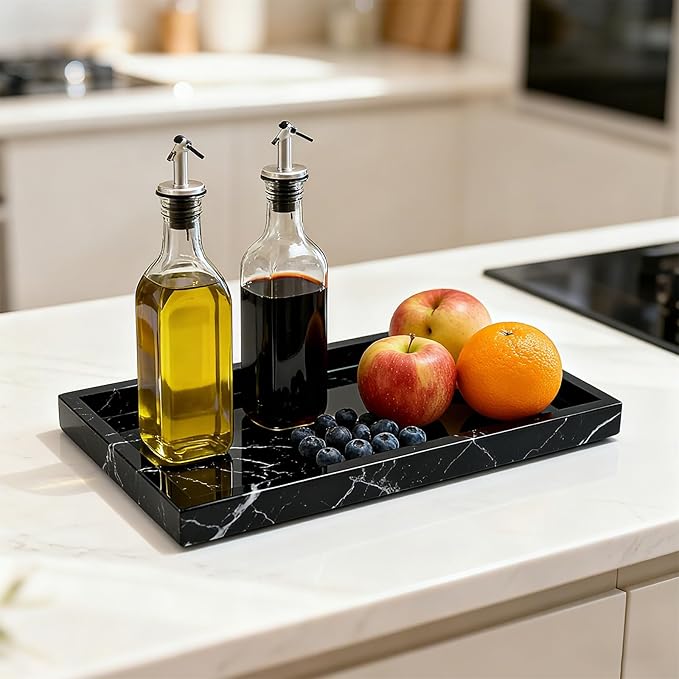 Pure Natural Marble Tray for Bathroom, Dresser, Sink. Cosmetics, toiletries, perfumes, Jewelry, Candles, etc. can be Placed (Black and White Root, 12" x 8" x 1.2")