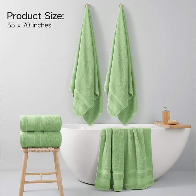 REDKISS 100% Cotton Bath Towels Set of 2, Extra Large Bath Sheets 35 X 70 Inches, Super Soft, Highly Absorbent & Quick Dry Shower Towels for Bathroom, Gym, Spa, Pool & Hotel, Green