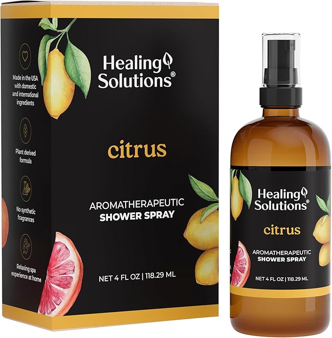 Healing Solutions Aromatherapy Shower Spray, Citrus, 4oz, Therapeutic Grade Essential Oils, Made in the USA, At Home Spa Experience