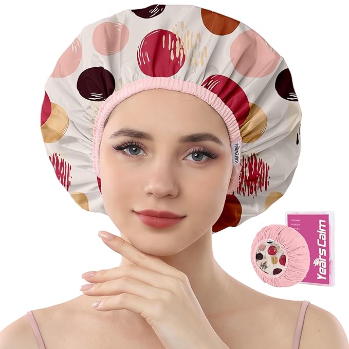 Years calm Waterproof Shower Cap for Women - Double-Layer Reusable Bath Cap with Elastic Band for Long/Short/Curly/Braids Hair, Washable & Travel-Friendly, Fit for Shower, Spa (Beige Shower Cap)