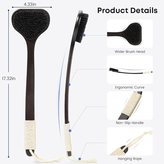 eaxun Bamboo Back Scrubber with Curved Long Handle, 17.3 Inches Exfoliating Shower Brush with Stiff Bristles for Men and Women, Back Washer Body Exfoliator for Bath or Dry Brushing