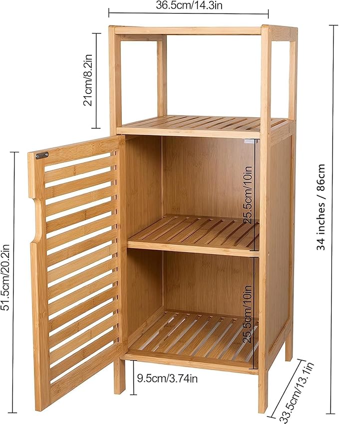 Bathroom Bamboo Storage Cabinet, Freestanding Floor Cabinet with Door and Shelf for Bathroom, Living Room, Bedroom, Hallway, Kitchen