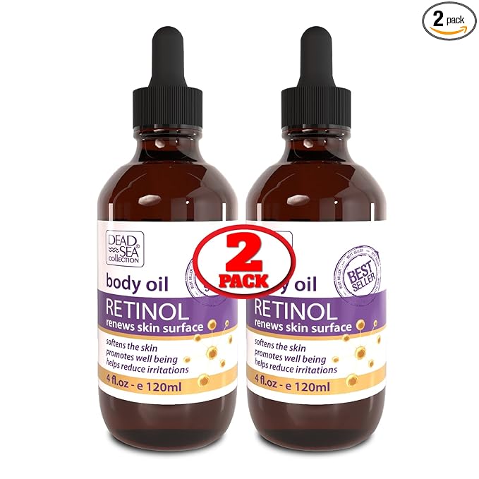 Dead Sea Collection Body Oil for Dry Skin - Retinol & Vitamin E, A Moisturizing Oil for Face, Anti-Aging - Skin Elasticity Support, Renews Skin Surface & Softens Pack of 2 (4 Fl. Oz Each)