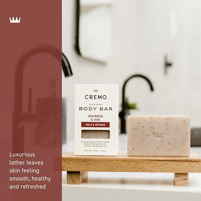 Cremo Exfoliating Body Bar for Men, Bourbon & Oak Scent, Multi-Layered Fragrance That Buffs, Cleanses and Hydrates Skin, 5oz (Pack of 12)