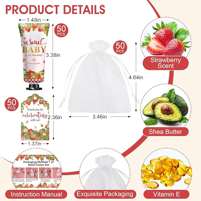 KONEUK 50 Pack Bulk Hand Cream Gifts Sets, Baby Shower Favors and Bridal Shower Favors for Guests with Thank You Card and Organza Gift Bags, Appreciation Gifts, Wedding Party Favors (Strawberry)
