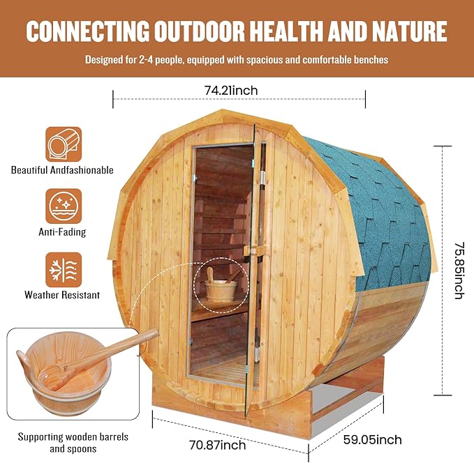 OUTEXER Outdoor Traditional Sauna 4-5 Person Wooden Saunas, 6’x6’Steam Wet Finnish Carbonized Spruce Wood Sauna 240V with 4.5KW Heater,Sauna Stone,Water Bucket,Ladle,LED Lights