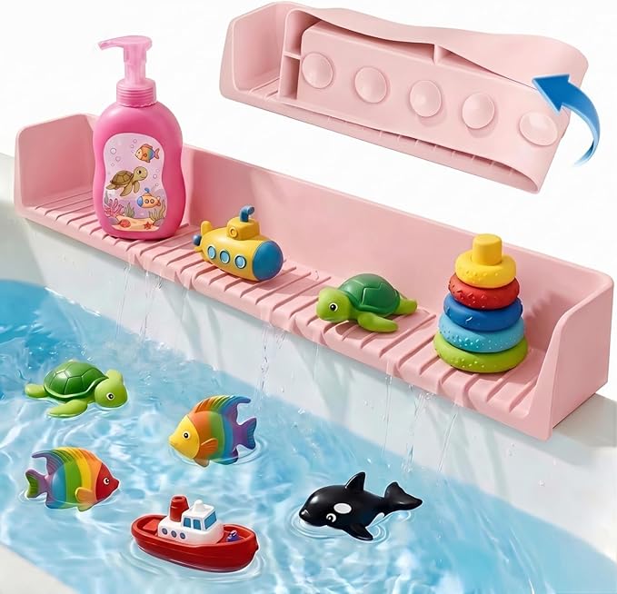 Bathtub Splash Guard for Tub Kids, Silicone Bath Toy Holder & Tub Side Tray with Suction Cups, Bath Tub Shelf for Kids, Bathtub Toy Storage, Pink