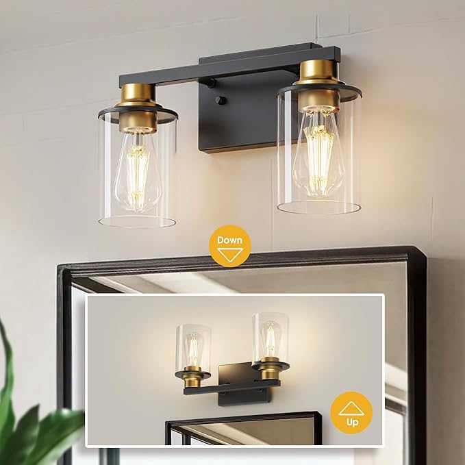 L LOHAS LED 2 Light Bathroom Vanity Light, Black and Gold Vanity Light with Clear Glass Shade, Black and Gold Light Fixtures, ETL Listed