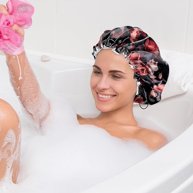 2 PCS Shower Cap Waterproof Double Layer Elastic Adjustable Reusable Hair Bath Caps for Girls Women Cute Aesthetic-Purple Red