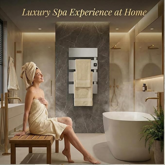 Electric Towel Warmer, Heated Towel Rack with Thermo Control and Timer, Fast Heating Towel Rail for Bathroom with Memroy Function, Work with Smart Plug, Right-Wiring, 2 Panel, Silver