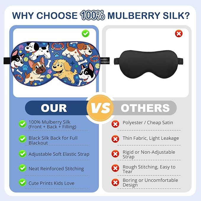 Kids Silk Sleep Mask: 100% Mulberry Silk Eye Mask with Adjustable Strap, Cute Sleeping Blindfold for Boys Girls Teens, Soft & Lightweight Eye Shade for Travel, Nap, Bedtime (Dogs Style)