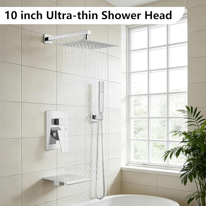 Midanya Shower System with Tub Spout,Bathtub Shower Faucet Set with Square Rainfall Head and Handheld Sprayer Wall Mount Tub Faucet Set with Valve and Trim Kit,10 Inch Polish Chrome