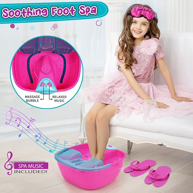 Golray Kid Foot Spa & Nail Kit, Girl Gift for 5 6 7 8-12 Year Old Toys Manicure Pedicure Art Salon, Massage Bubble & Music Foot Soak Tub, Spa Day Sleepover Party Supply Christmas Girl Birthday Gift