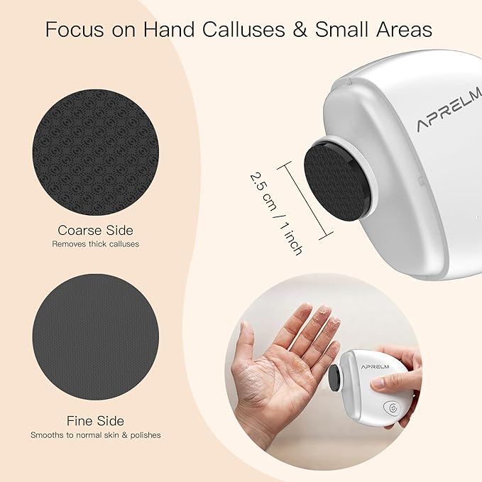 AprElm Portable Electric Hand & Foot Callus Remover with 2 Glass Grinding Heads, Rechargeable 800RPM Mini Electric Hand & Foot File for Travel Outdoors Climbers Gym Athletes (E9 Pearl White)
