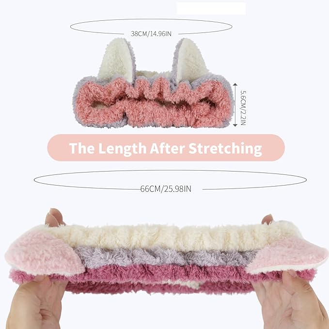 PERFECTSIGHT Kawaii Headband for Spa, Makeup, Washing Face, Party - 2 Pack Cute Hair Band for Shower Beauty Skincare, Soft Facial Headbands for Girls and Women (Contrast Color Ear)