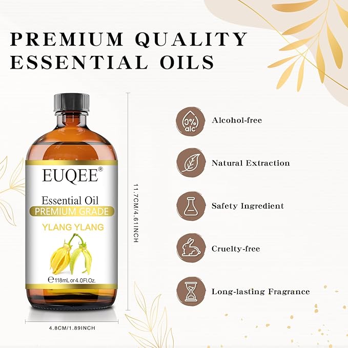 EUQEE Ylang Ylang Essential Oil 118ml with Glass Dropper, Pure Ylang Ylang Oil for Diffuser, Candle Making - 4 Fl.Oz