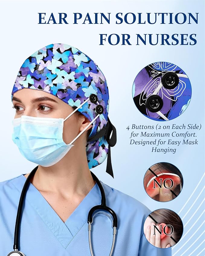 Plifal 100% Cotton Scrub Cap with Buttons-Nurse Cap with Sweatband for Women, Adjustable Working Hat,Satin Lined or Unlined