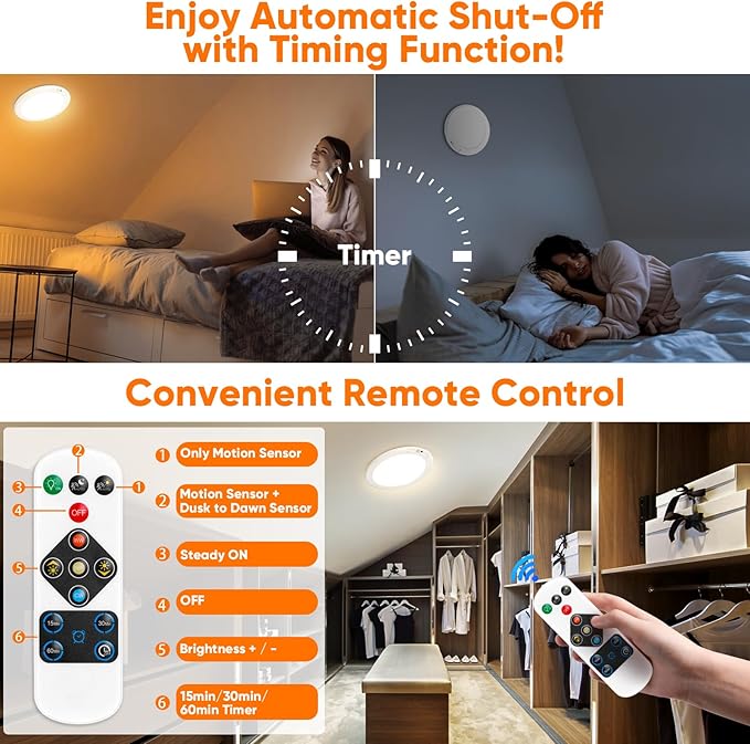 Bairth Rechargeable Motion Sensor Ceiling Lights with Remote, Battery Operated Ceiling Lights No Wiring, Wireless 3 Colors Dimmable Overhead Lamps for Closet Shower Shed Hallway, 4-Pack